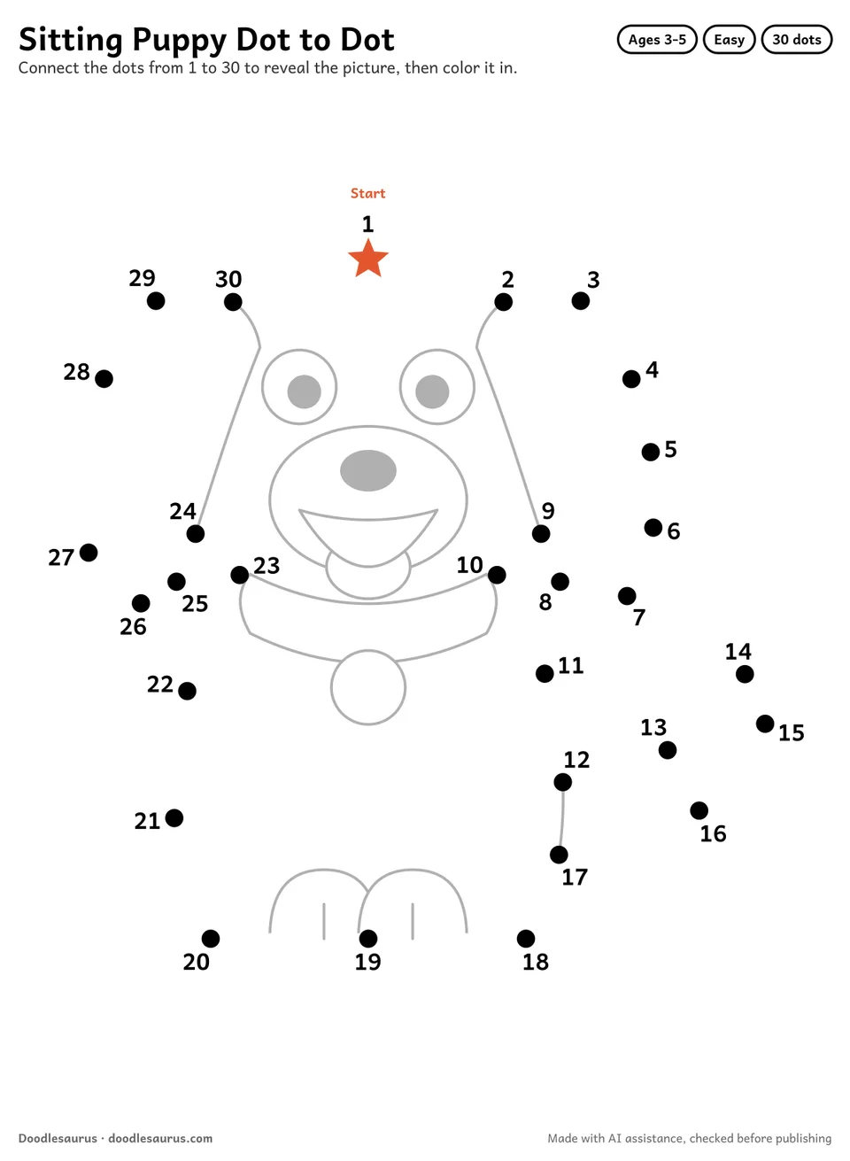 Connect-the-dots printable of a sitting puppy: 30 numbered dots from a starred Start dot trace its outline; answer page included.