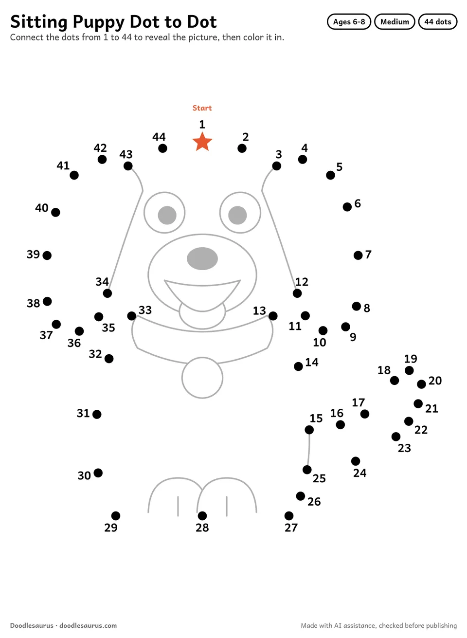 Connect-the-dots printable of a sitting puppy: 44 numbered dots from a starred Start dot trace its outline; answer page included.