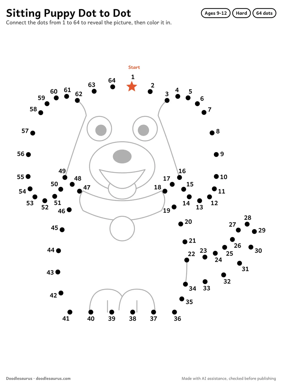 Connect-the-dots printable of a sitting puppy: 64 numbered dots from a starred Start dot trace its outline; answer page included.
