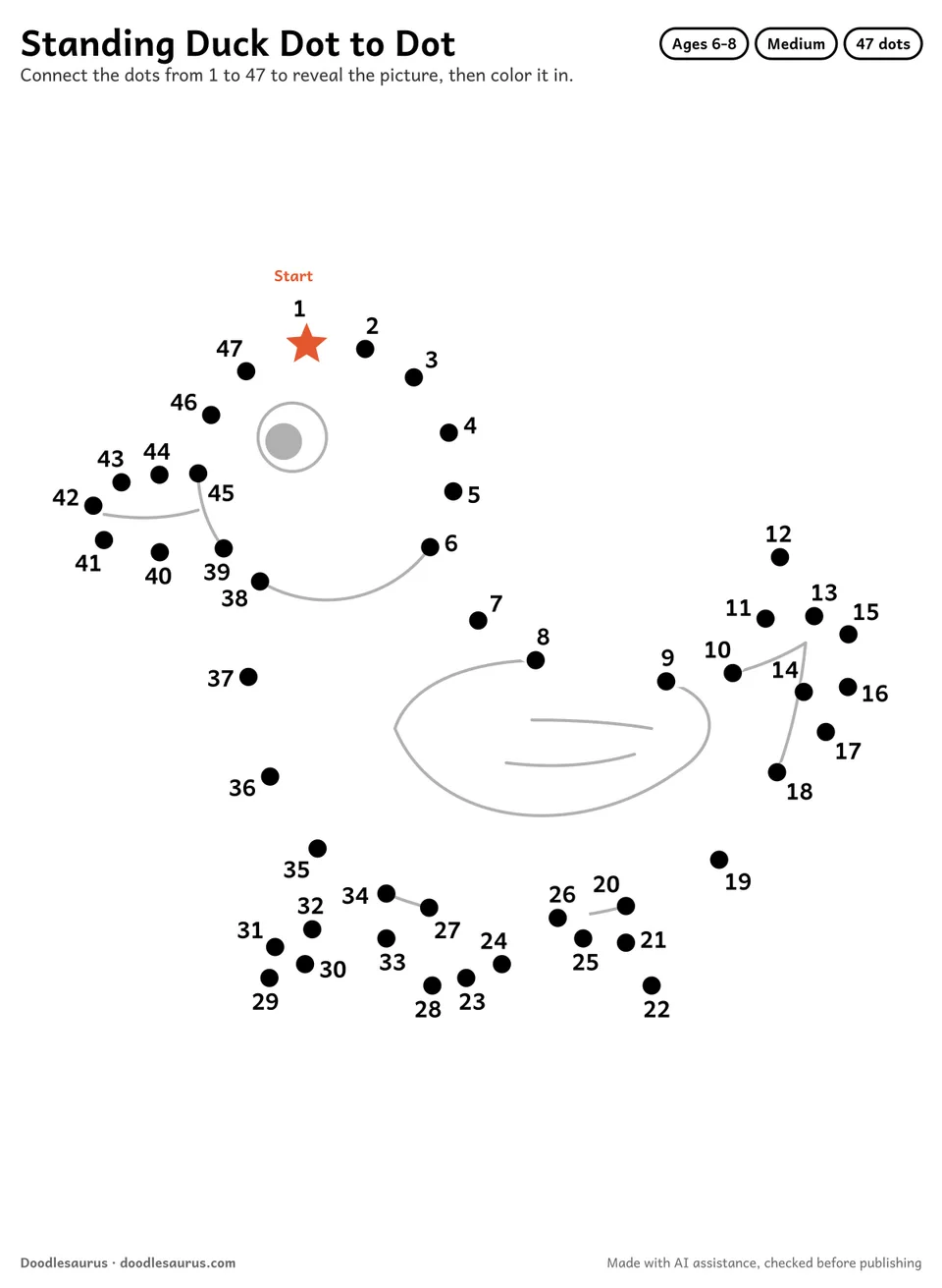 Connect-the-dots printable of a standing duck: 47 numbered dots from a starred Start dot trace its outline; answer page included.