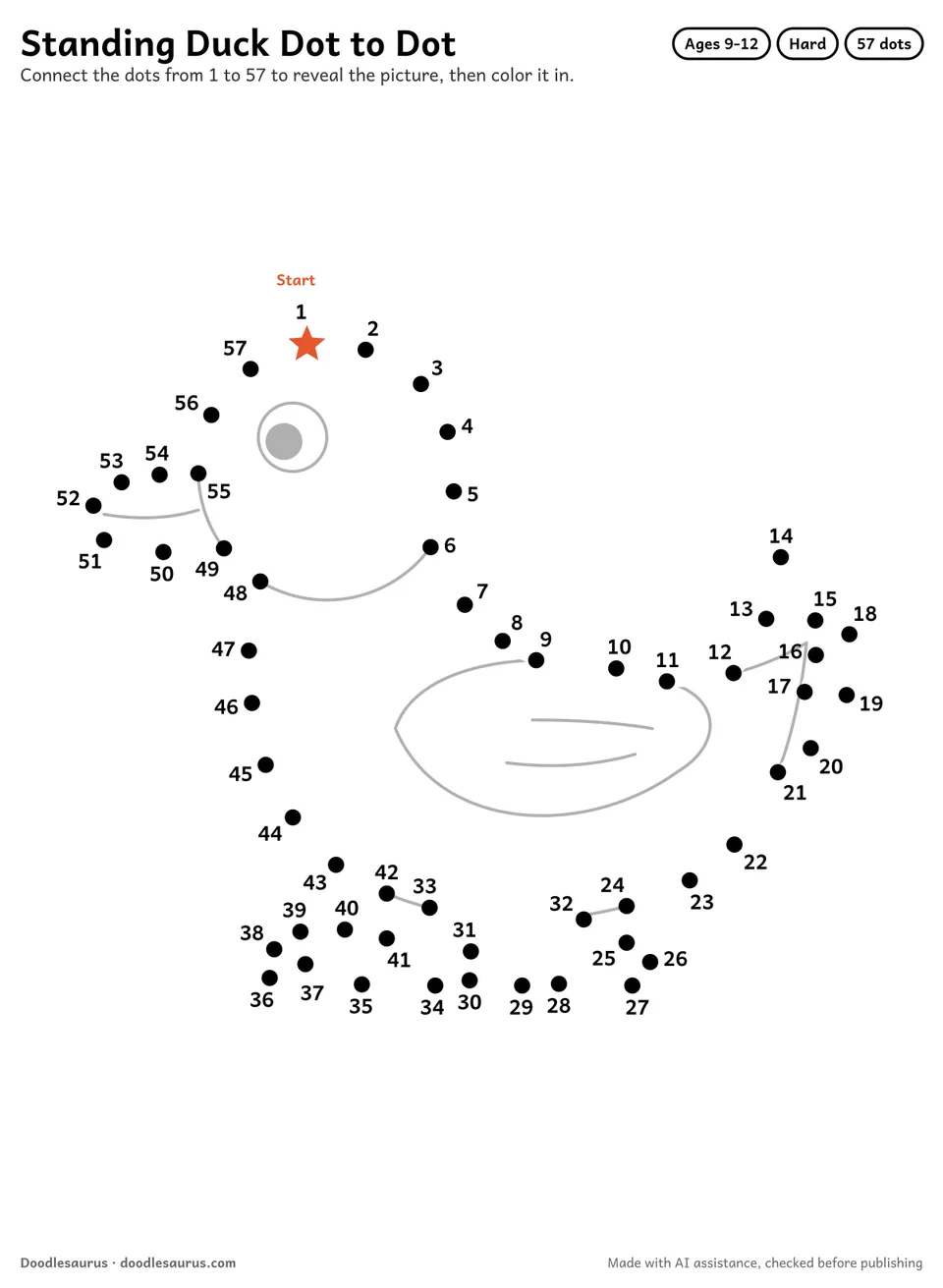 Connect-the-dots printable of a standing duck: 57 numbered dots from a starred Start dot trace its outline; answer page included.