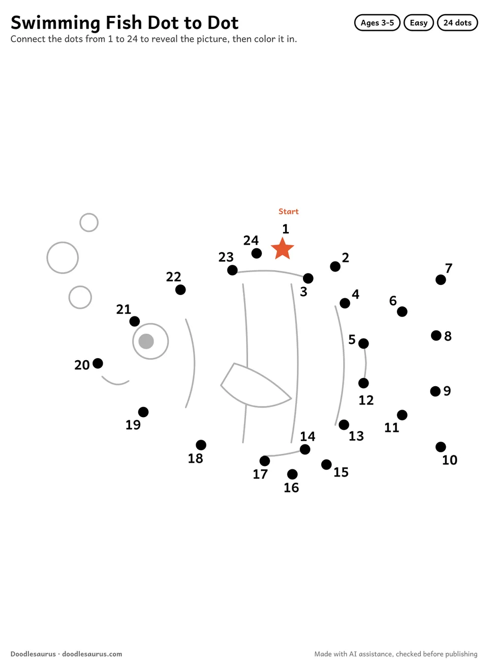 Connect-the-dots printable of a swimming fish: 24 numbered dots from a starred Start dot trace its outline; answer page included.