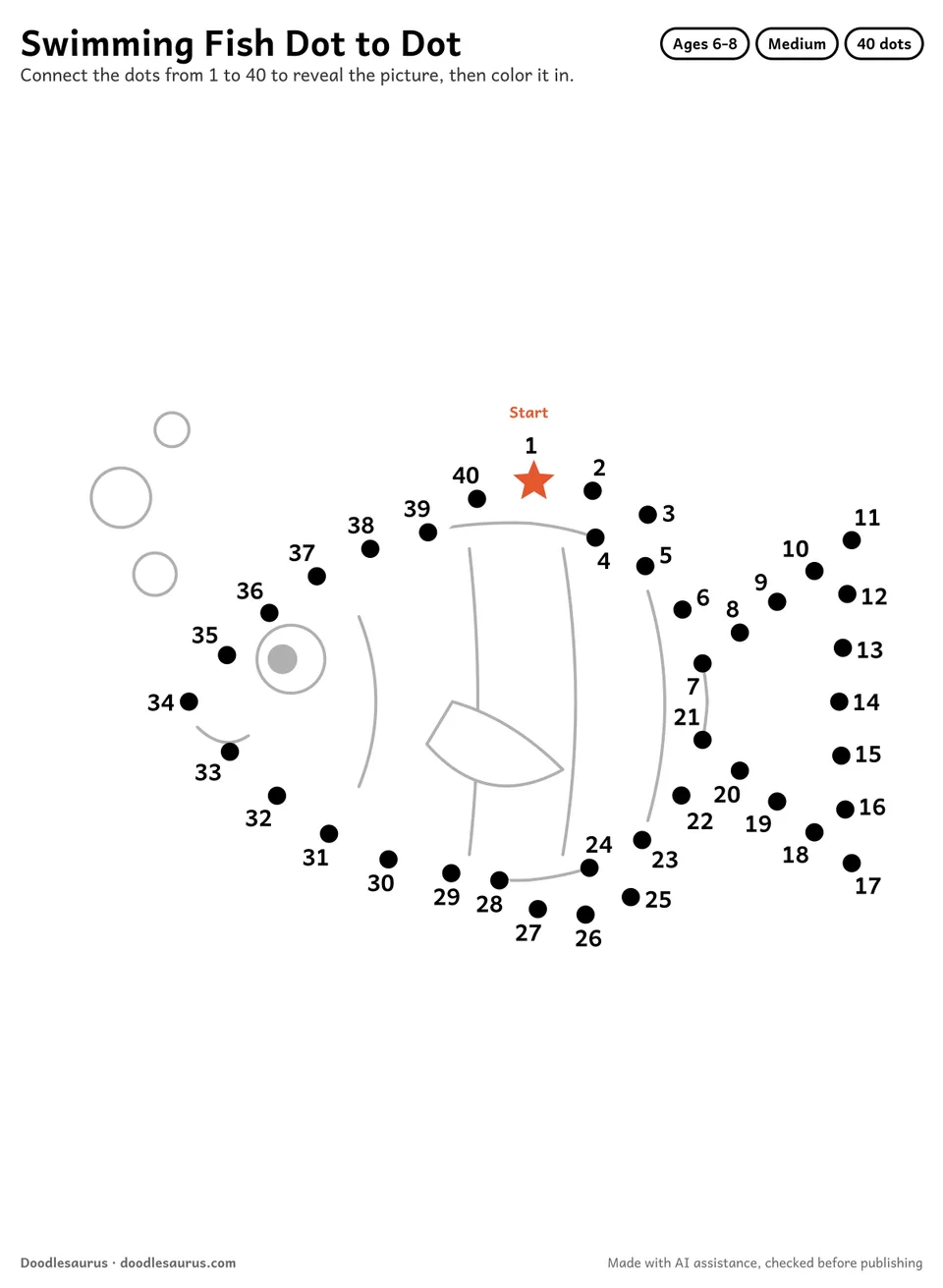 Connect-the-dots printable of a swimming fish: 40 numbered dots from a starred Start dot trace its outline; answer page included.