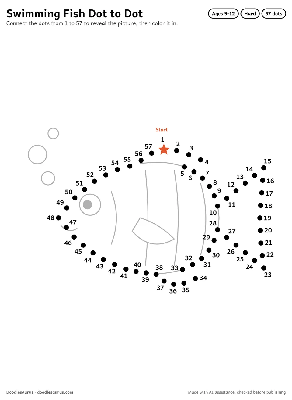 Connect-the-dots printable of a swimming fish: 57 numbered dots from a starred Start dot trace its outline; answer page included.