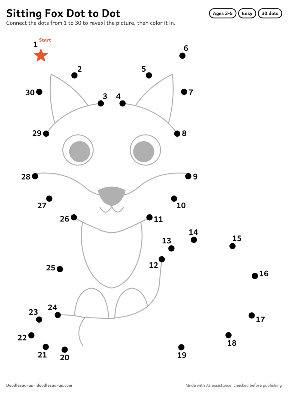 Connect-the-dots printable of a sitting fox: 30 numbered dots from a starred Start dot trace its outline; answer page included.