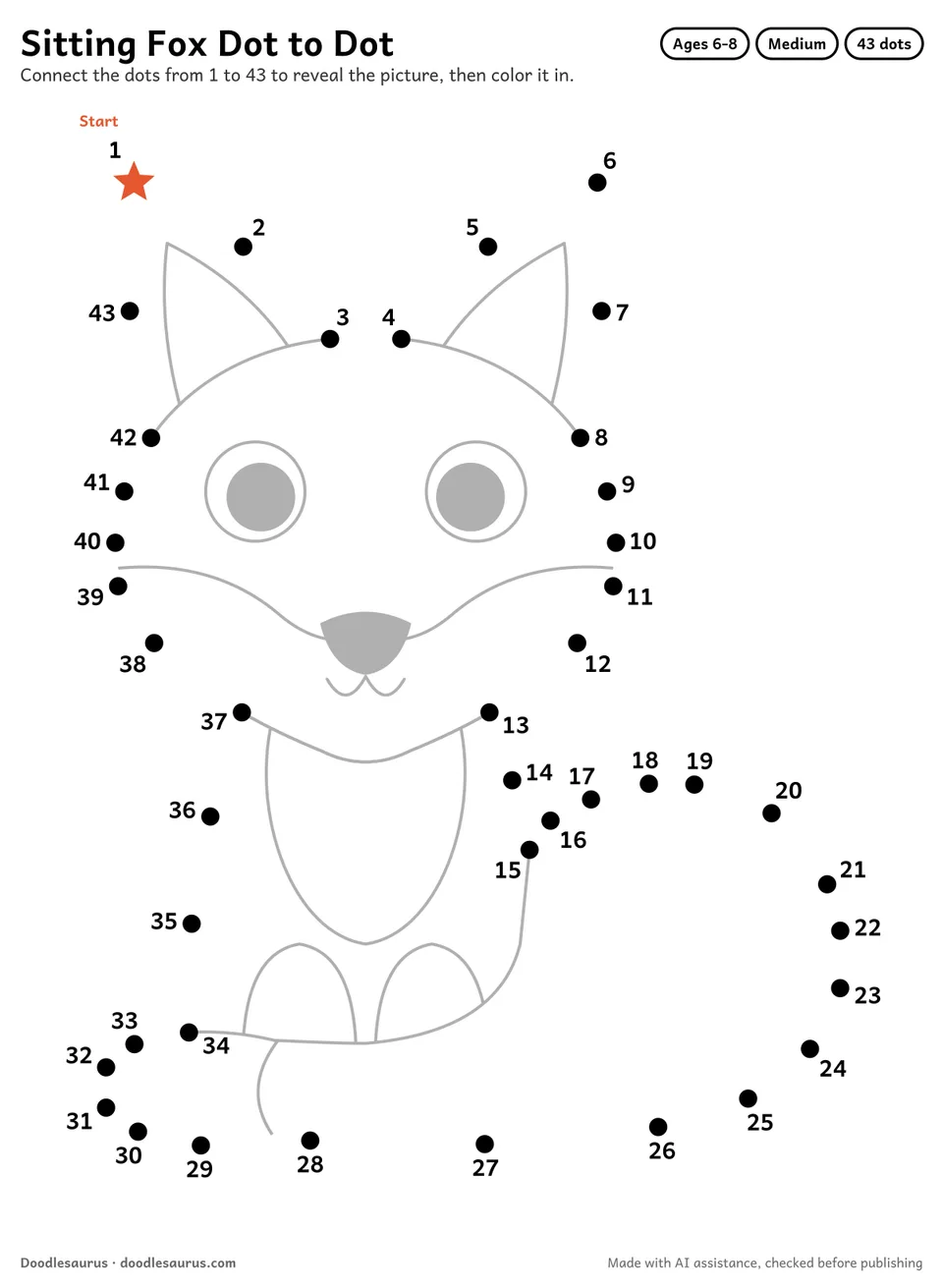 Connect-the-dots printable of a sitting fox: 43 numbered dots from a starred Start dot trace its outline; answer page included.