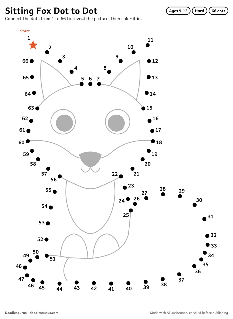 Connect-the-dots printable of a sitting fox: 66 numbered dots from a starred Start dot trace its outline; answer page included.