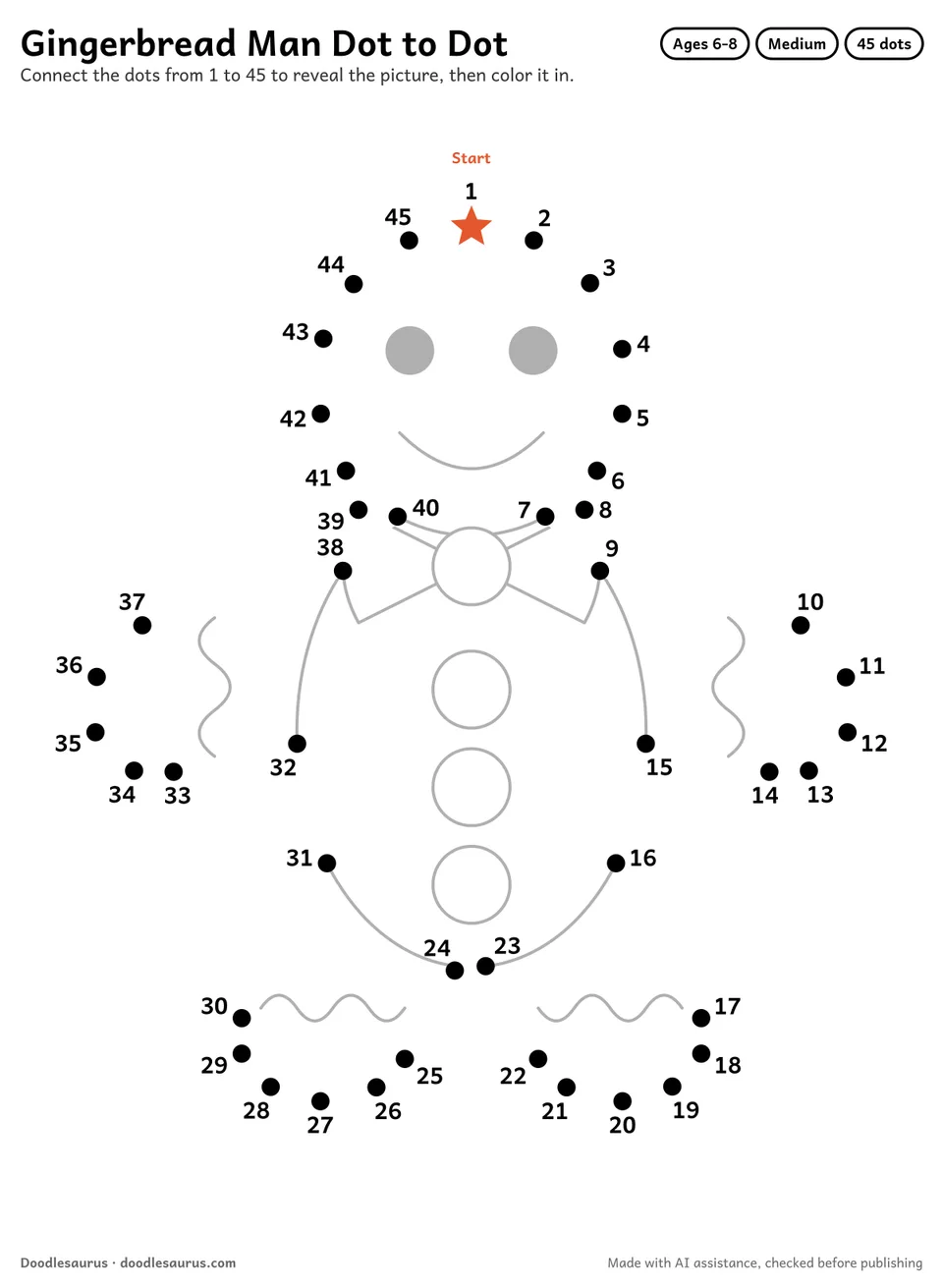 Connect-the-dots printable of a gingerbread man: 45 numbered dots from a starred Start dot trace its outline; answer page included.