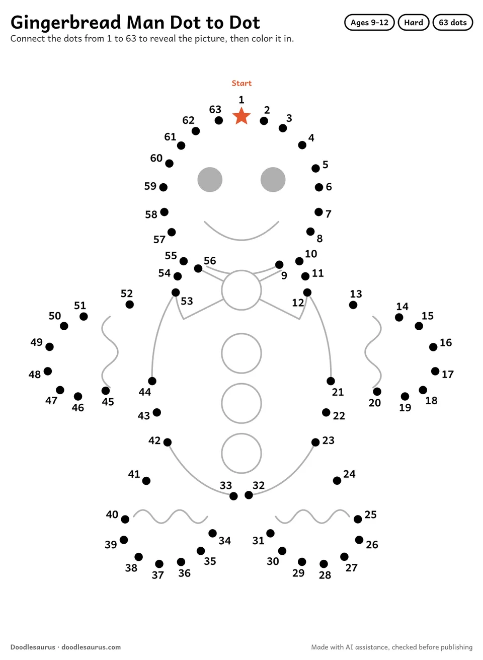 Connect-the-dots printable of a gingerbread man: 63 numbered dots from a starred Start dot trace its outline; answer page included.