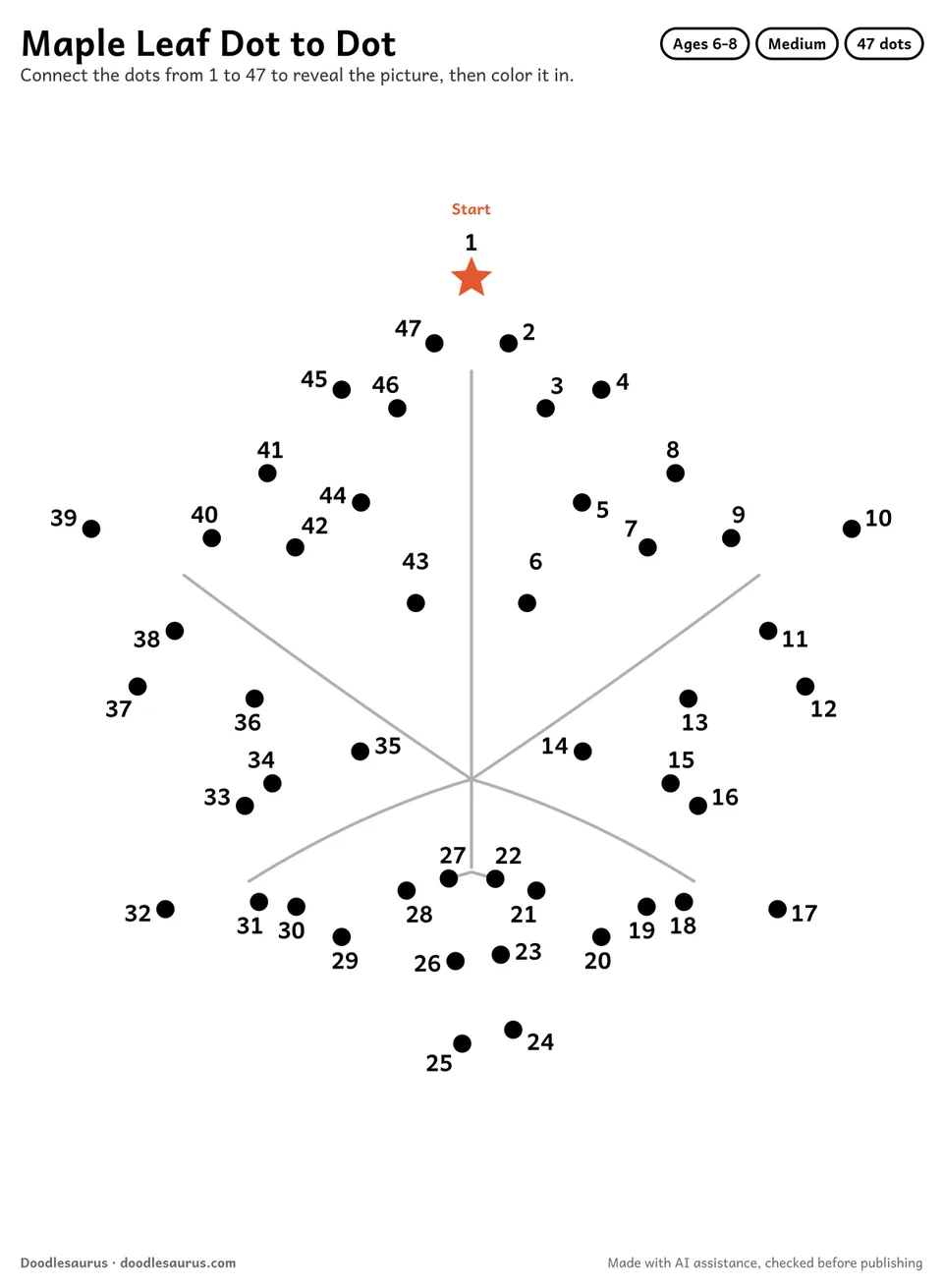 Connect-the-dots printable of a maple leaf: 47 numbered dots from a starred Start dot trace its outline; answer page included.