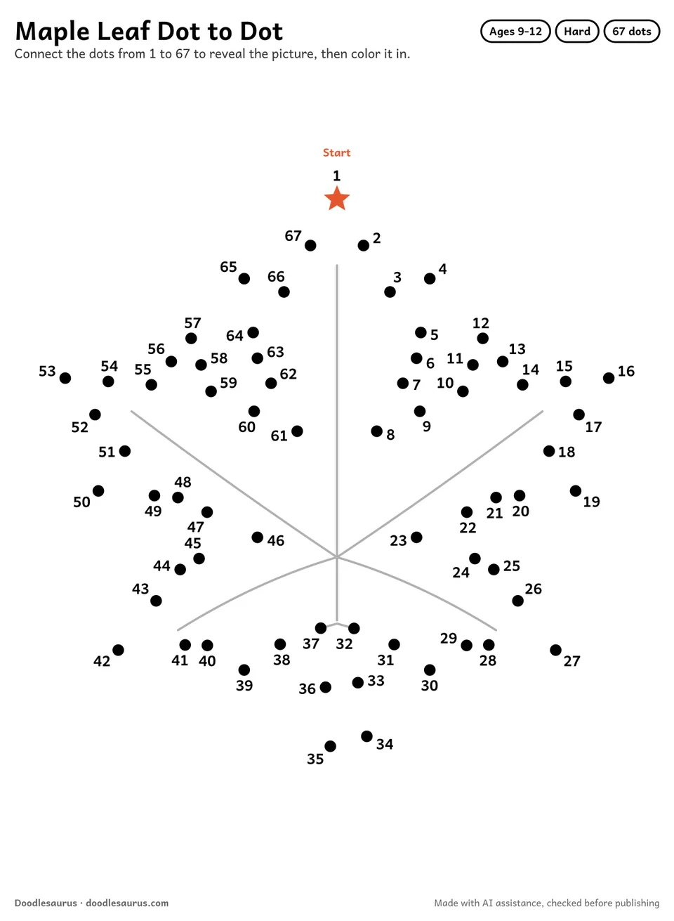 Connect-the-dots printable of a maple leaf: 67 numbered dots from a starred Start dot trace its outline; answer page included.