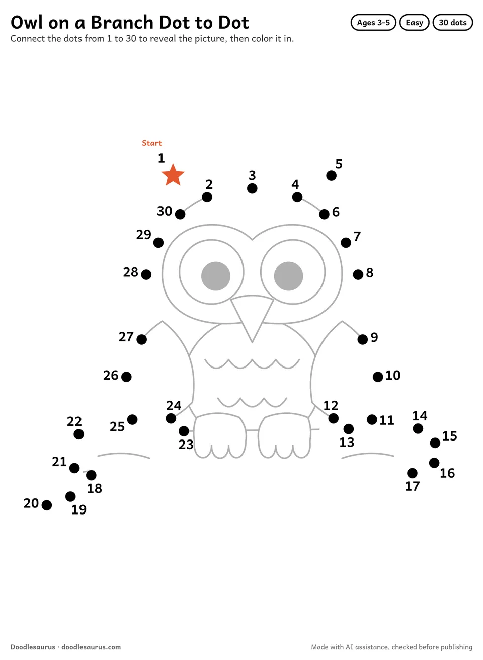 Connect-the-dots printable of an owl on a branch: 30 numbered dots from a starred Start dot trace its outline; answer page included.