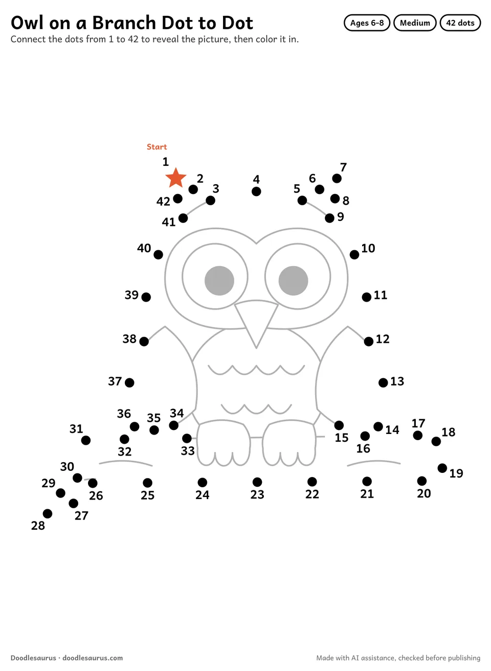 Connect-the-dots printable of an owl on a branch: 42 numbered dots from a starred Start dot trace its outline; answer page included.