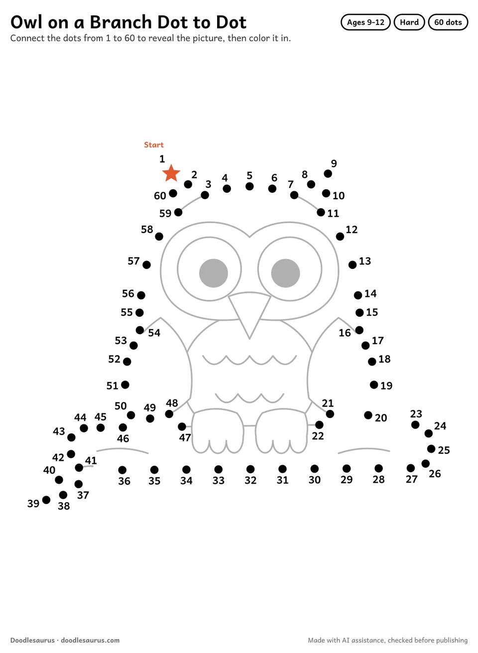 Connect-the-dots printable of an owl on a branch: 60 numbered dots from a starred Start dot trace its outline; answer page included.