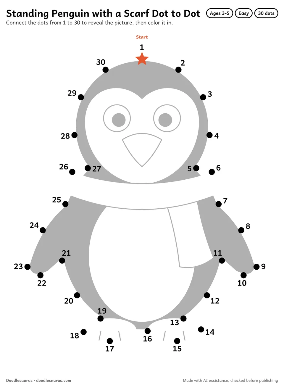 Connect-the-dots printable of a standing penguin with a scarf: 30 numbered dots from a starred Start dot trace its outline; answer page included.