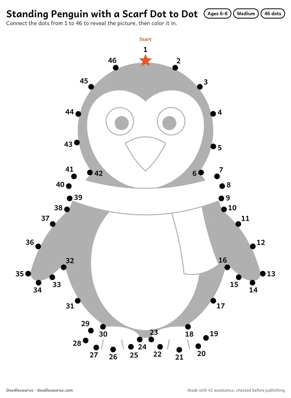 Connect-the-dots printable of a standing penguin with a scarf: 46 numbered dots from a starred Start dot trace its outline; answer page included.