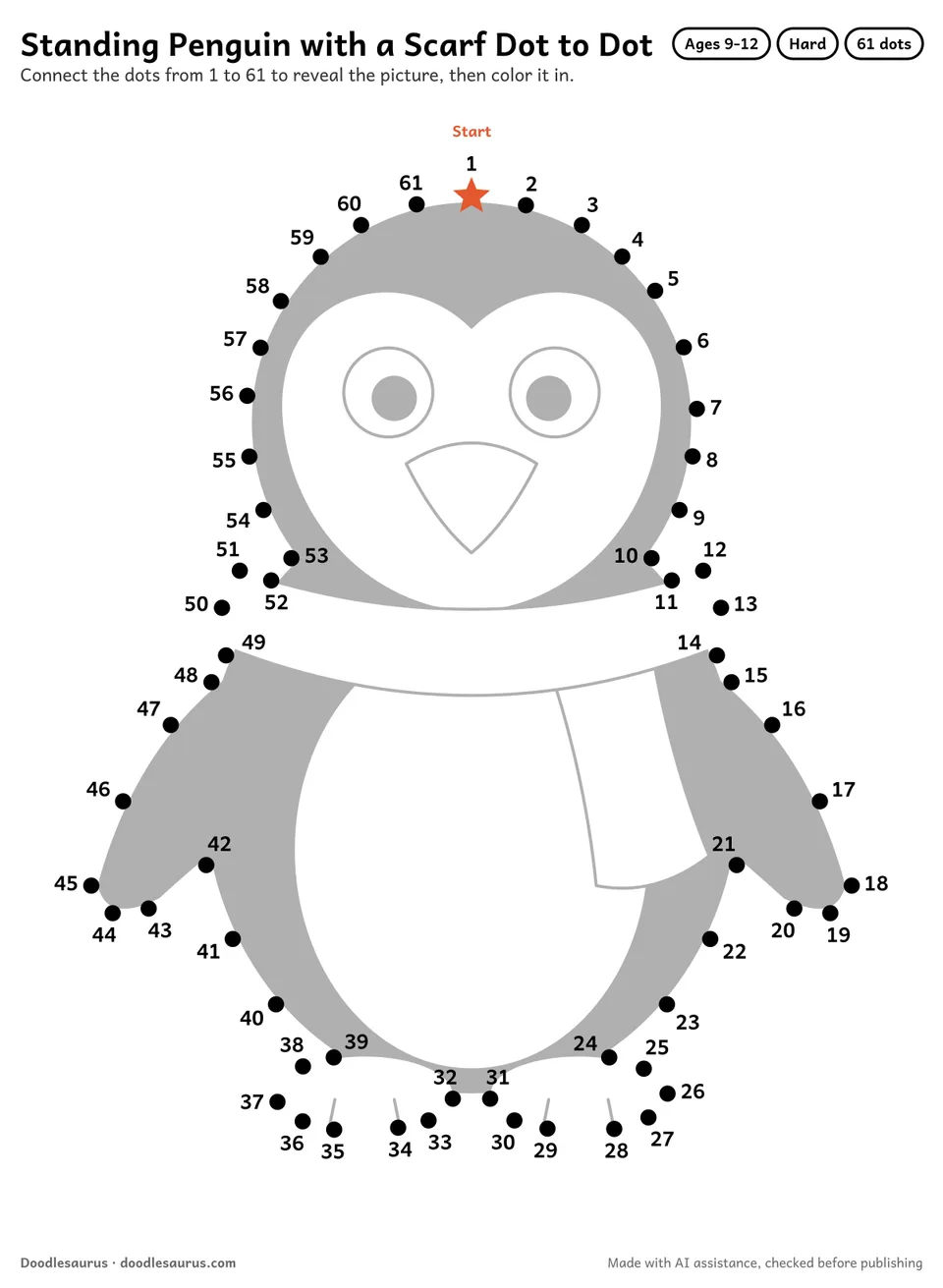 Connect-the-dots printable of a standing penguin with a scarf: 61 numbered dots from a starred Start dot trace its outline; answer page included.