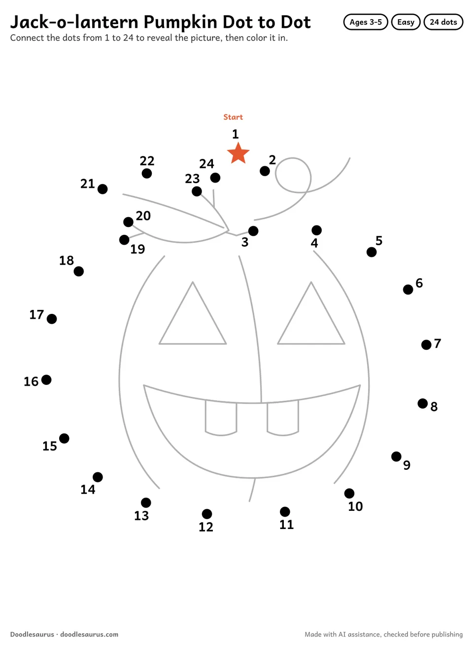 Connect-the-dots printable of a jack-o-lantern pumpkin: 24 numbered dots from a starred Start dot trace its outline; answer page included.