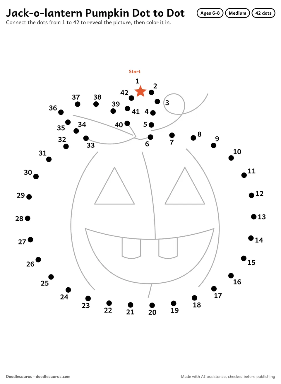 Connect-the-dots printable of a jack-o-lantern pumpkin: 42 numbered dots from a starred Start dot trace its outline; answer page included.