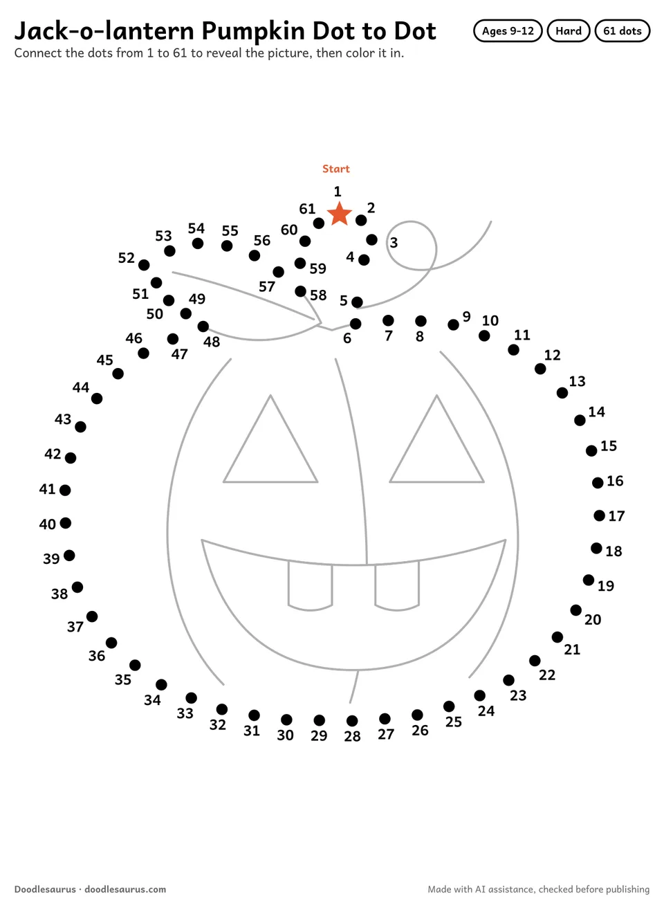 Connect-the-dots printable of a jack-o-lantern pumpkin: 61 numbered dots from a starred Start dot trace its outline; answer page included.