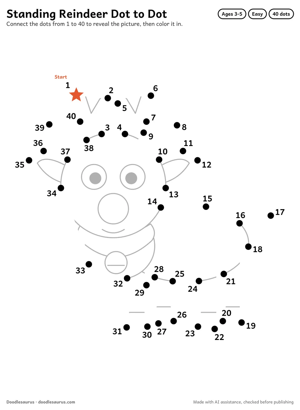 Connect-the-dots printable of a standing reindeer: 40 numbered dots from a starred Start dot trace its outline; answer page included.