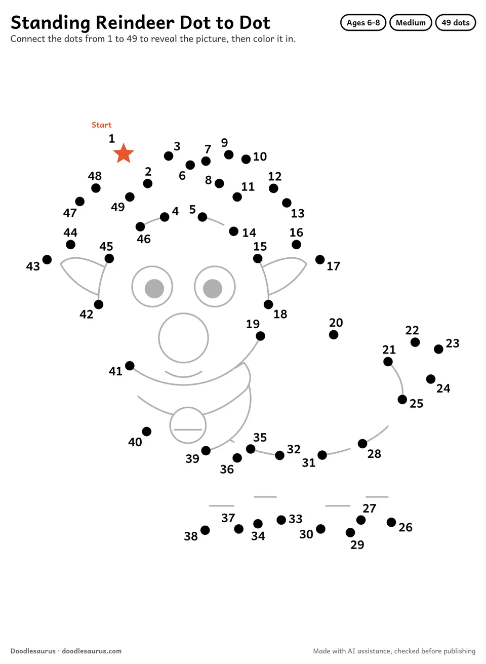 Connect-the-dots printable of a standing reindeer: 49 numbered dots from a starred Start dot trace its outline; answer page included.