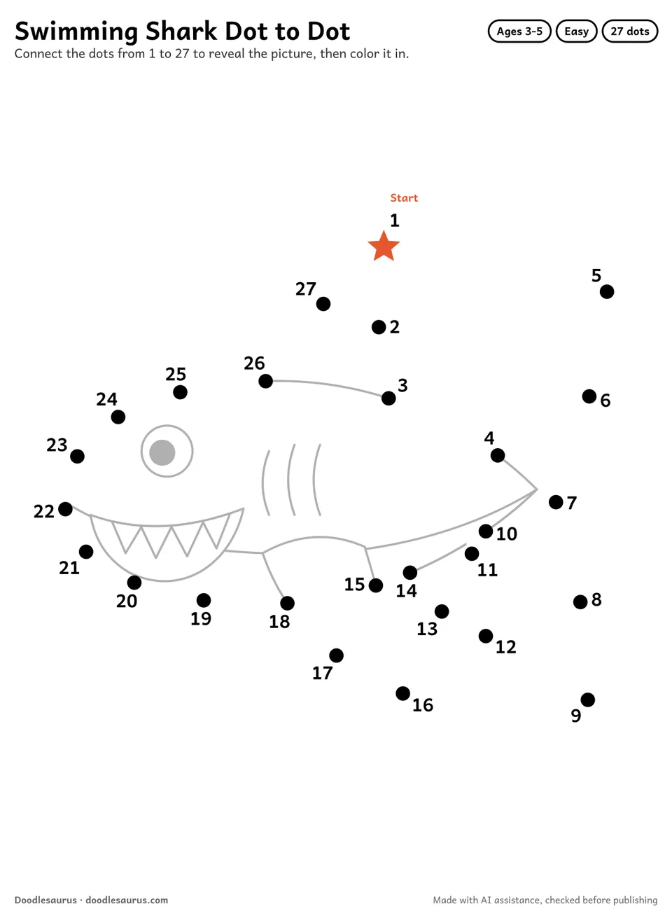 Connect-the-dots printable of a swimming shark: 27 numbered dots from a starred Start dot trace its outline; answer page included.