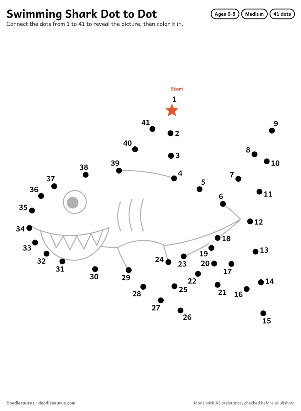 Connect-the-dots printable of a swimming shark: 41 numbered dots from a starred Start dot trace its outline; answer page included.