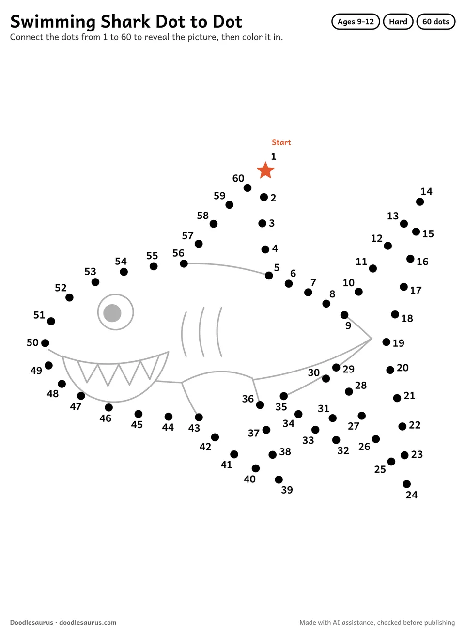 Connect-the-dots printable of a swimming shark: 60 numbered dots from a starred Start dot trace its outline; answer page included.