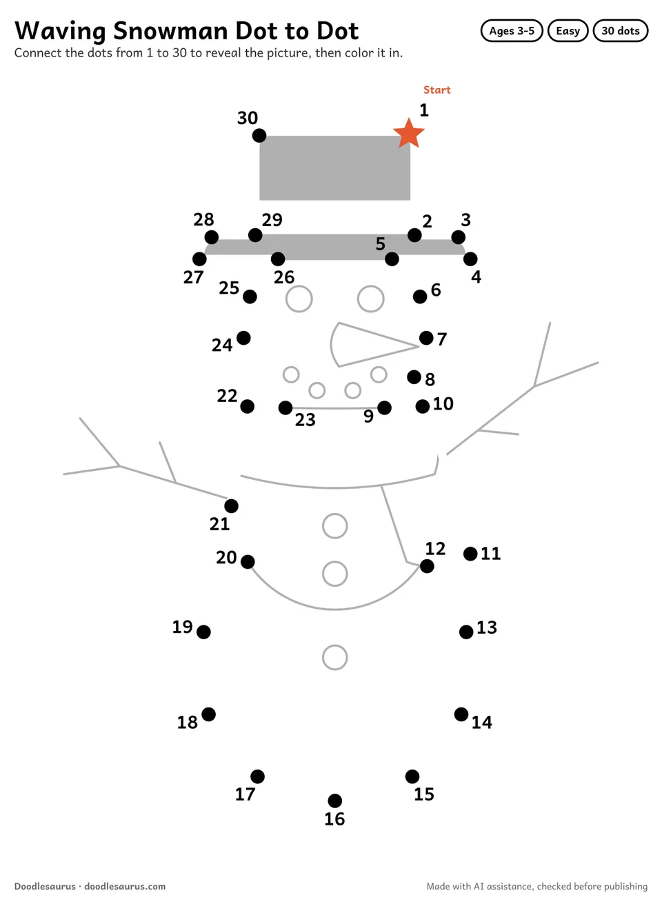 Connect-the-dots printable of a waving snowman: 30 numbered dots from a starred Start dot trace its outline; answer page included.