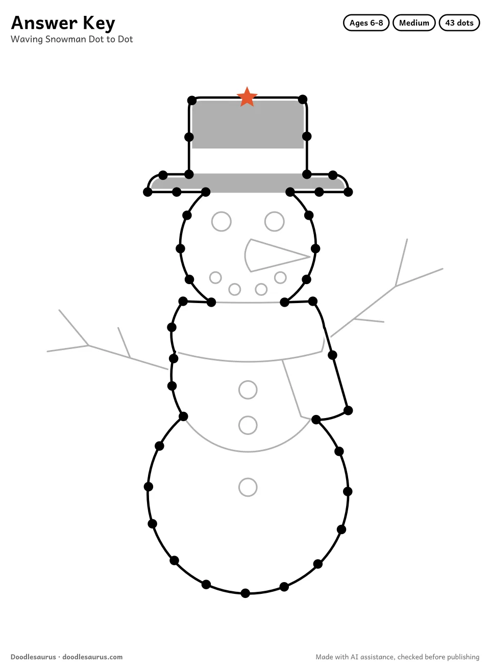 Answer key for Waving Snowman Dot to Dot (43 Dots)