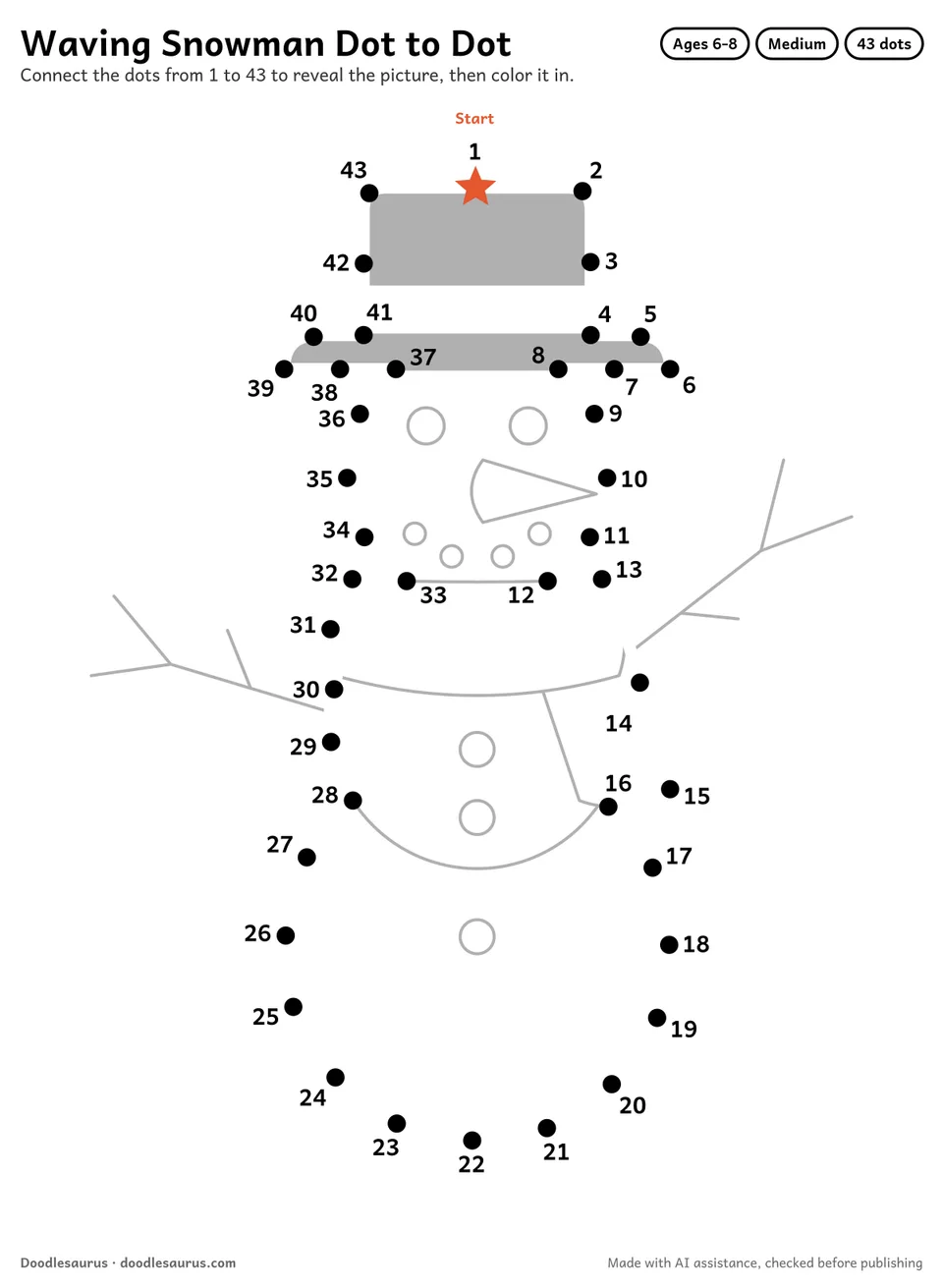 Connect-the-dots printable of a waving snowman: 43 numbered dots from a starred Start dot trace its outline; answer page included.