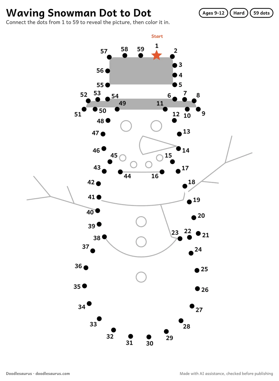 Connect-the-dots printable of a waving snowman: 59 numbered dots from a starred Start dot trace its outline; answer page included.