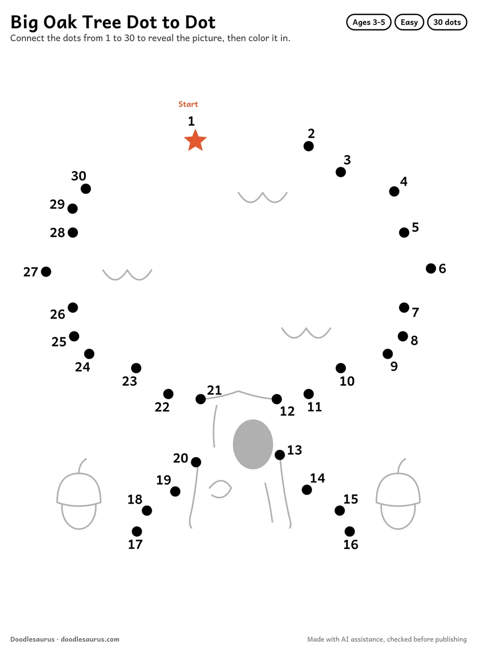 Connect-the-dots printable of a big oak tree: 30 numbered dots from a starred Start dot trace its outline; answer page included.