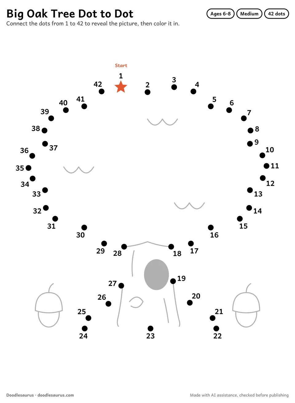 Connect-the-dots printable of a big oak tree: 42 numbered dots from a starred Start dot trace its outline; answer page included.