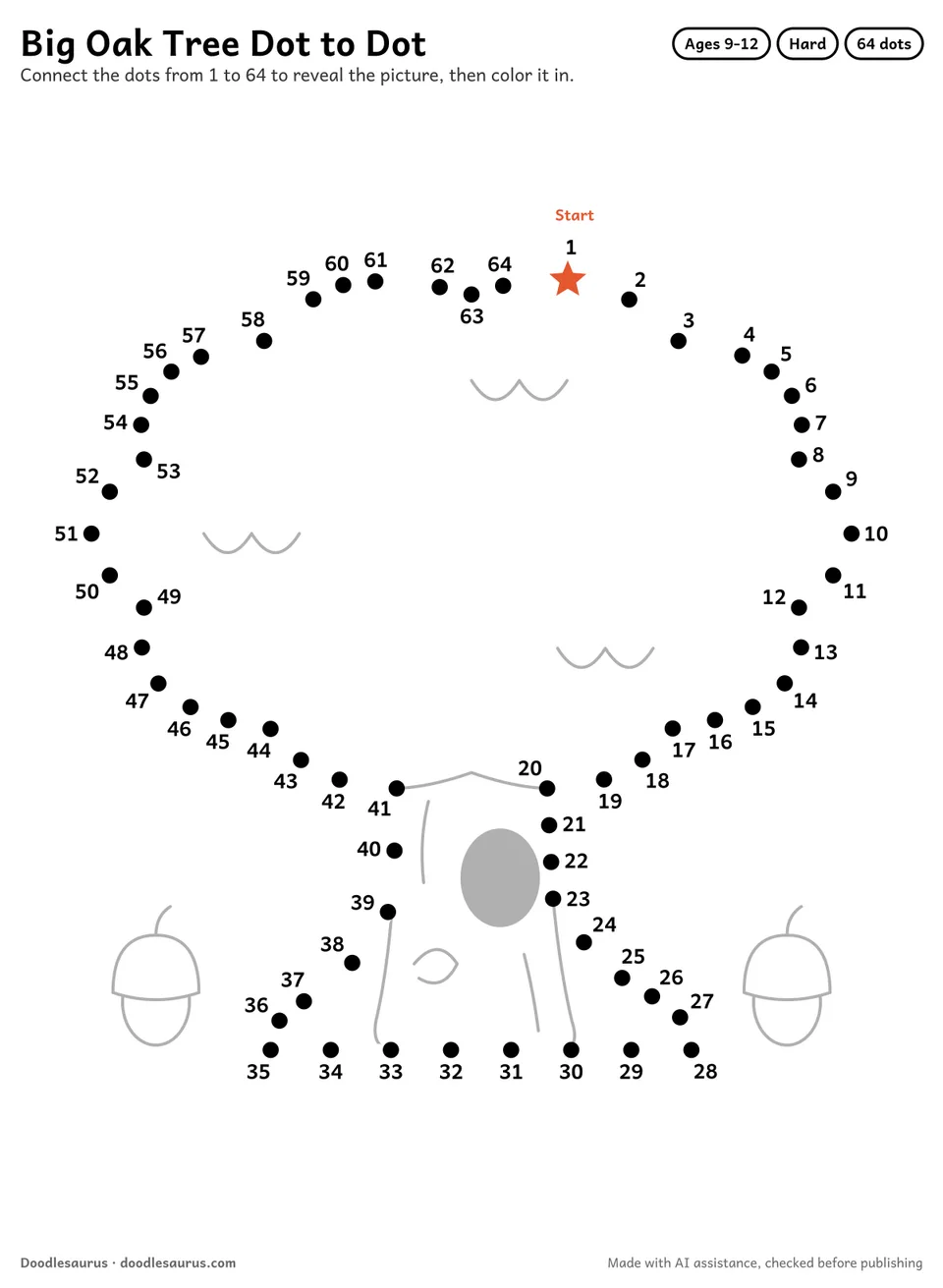 Connect-the-dots printable of a big oak tree: 64 numbered dots from a starred Start dot trace its outline; answer page included.