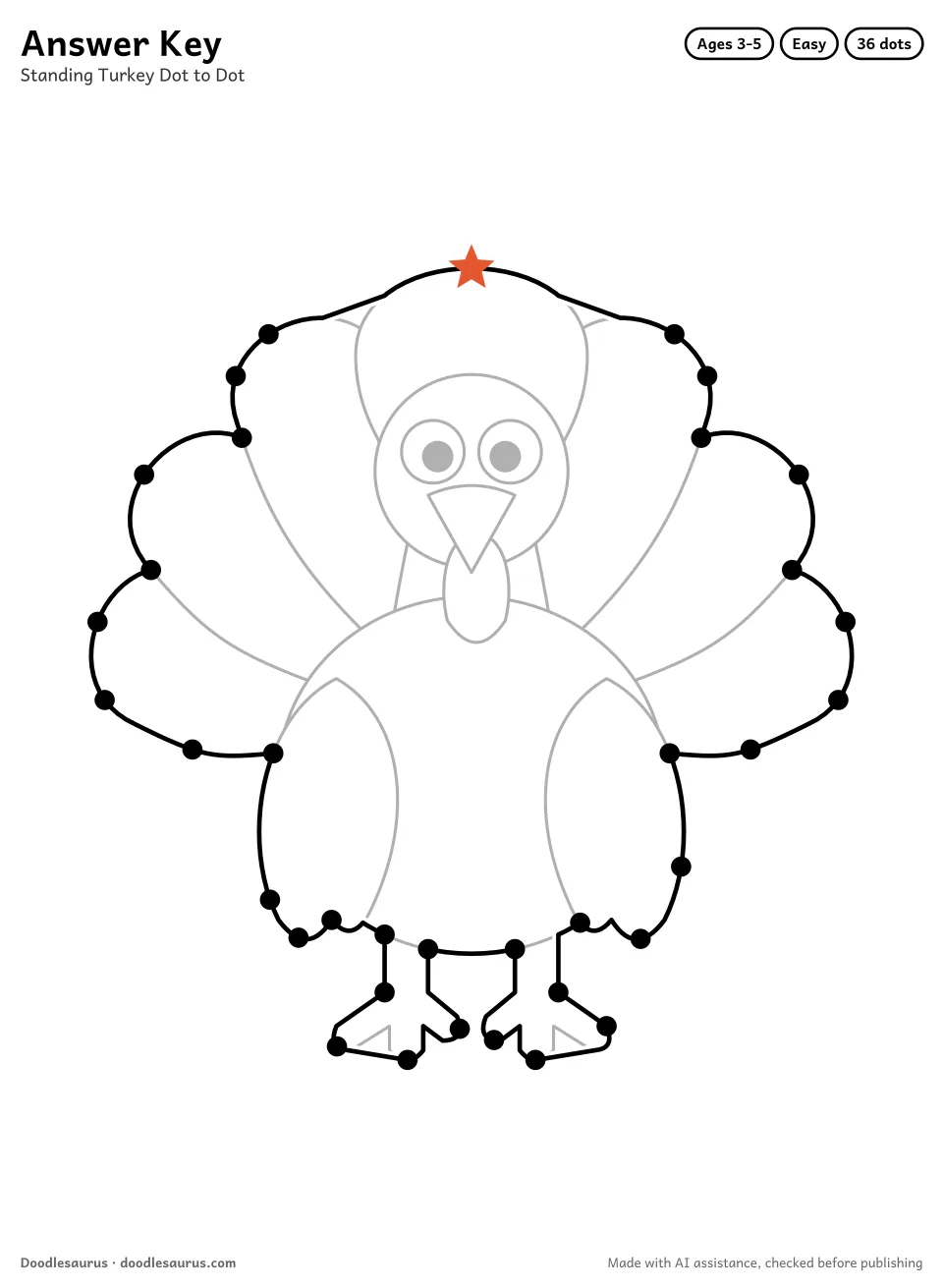 Answer key for Standing Turkey Dot to Dot (36 Dots)