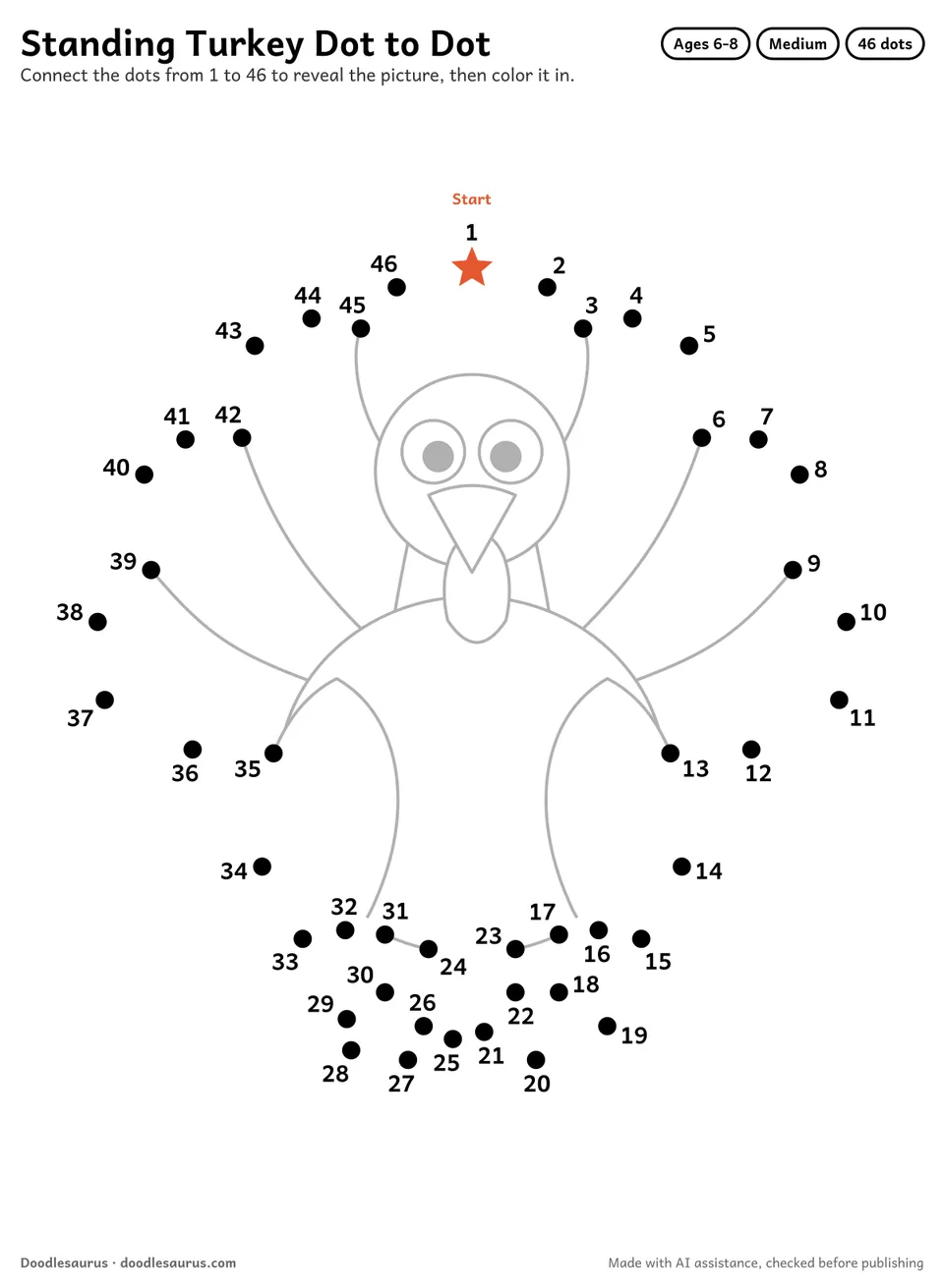 Connect-the-dots printable of a standing turkey: 46 numbered dots from a starred Start dot trace its outline; answer page included.