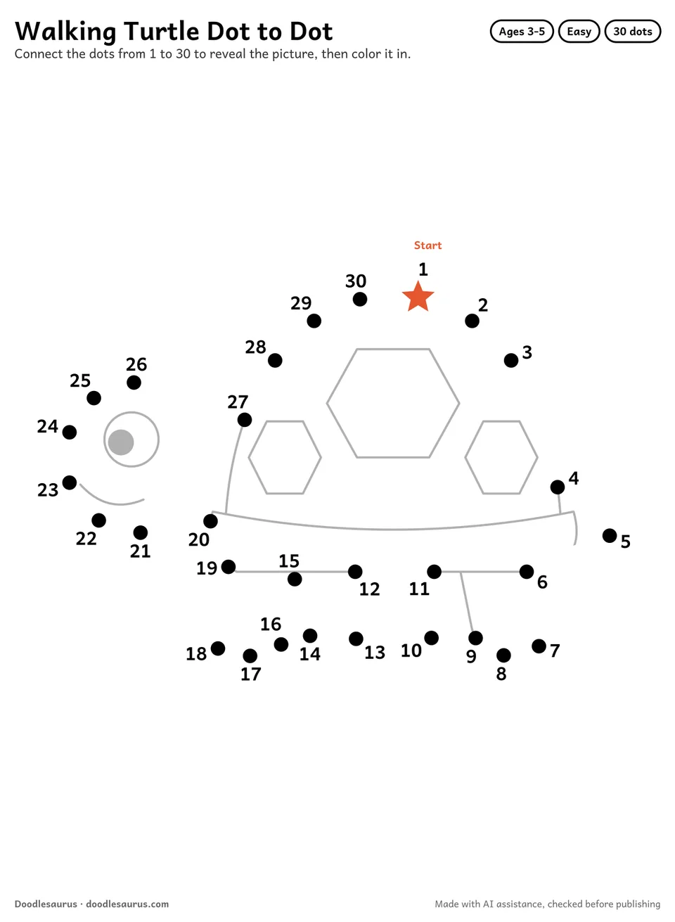 Connect-the-dots printable of a walking turtle: 30 numbered dots from a starred Start dot trace its outline; answer page included.