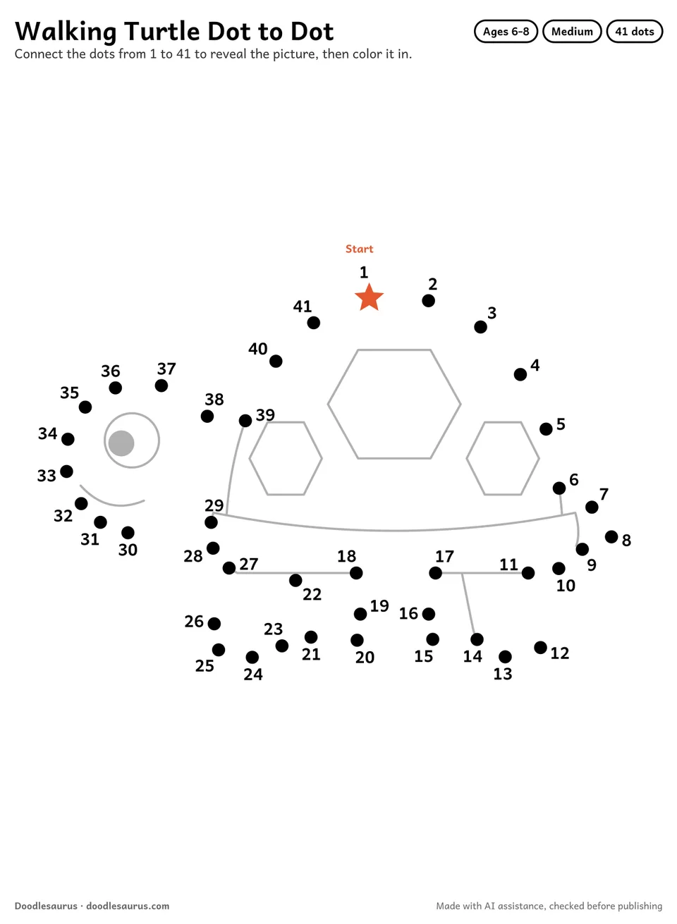 Connect-the-dots printable of a walking turtle: 41 numbered dots from a starred Start dot trace its outline; answer page included.