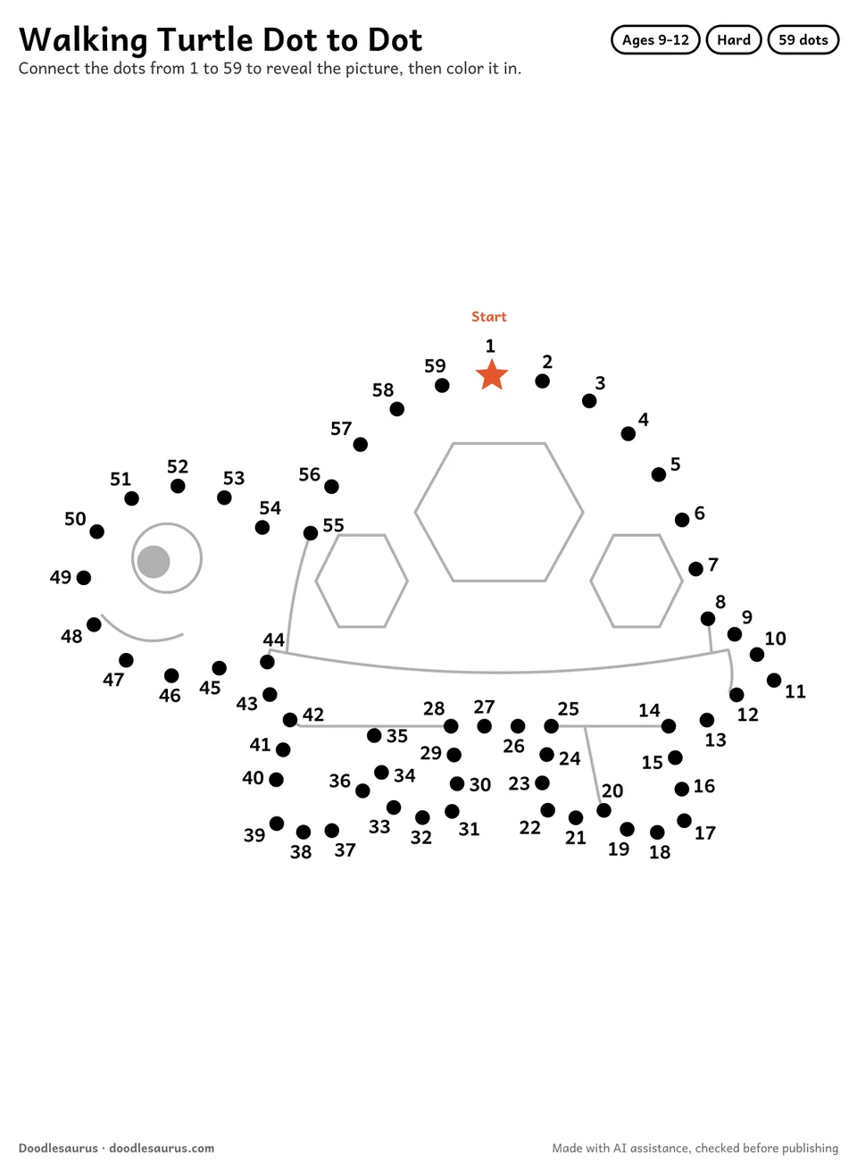Connect-the-dots printable of a walking turtle: 59 numbered dots from a starred Start dot trace its outline; answer page included.