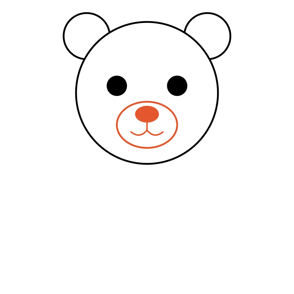 How to draw a bear, step 4: Add a round muzzle with an oval nose and a smile.