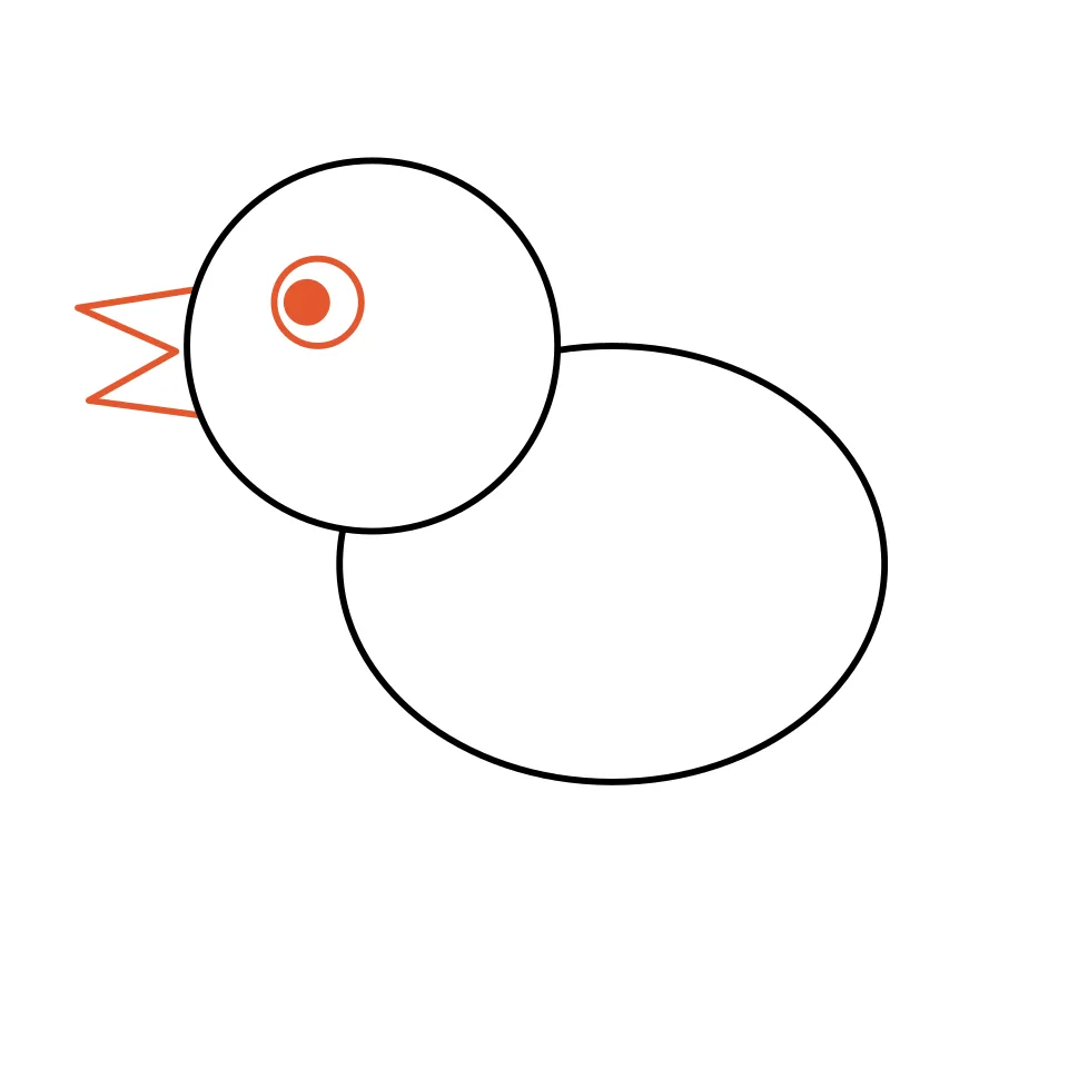How to draw a bird, step 3: Draw an open beak and a big round eye.