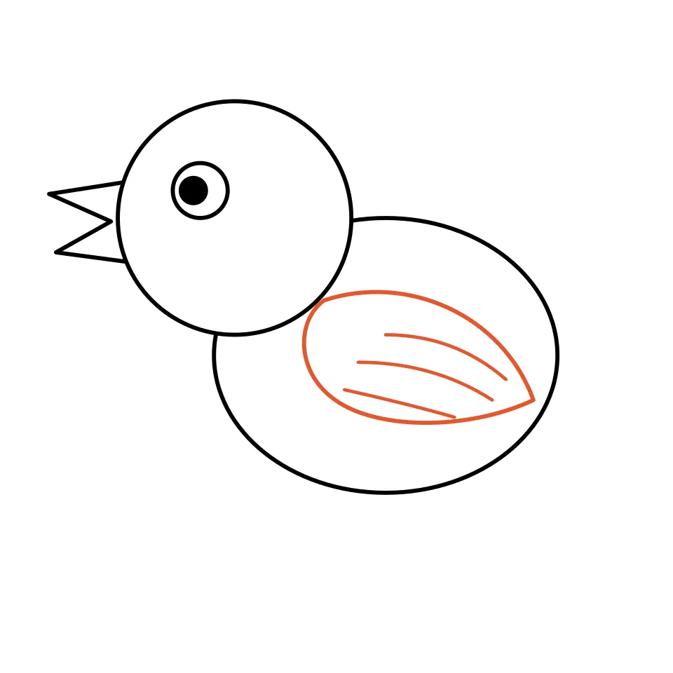 How to draw a bird, step 4: Add a wing with three feather lines.