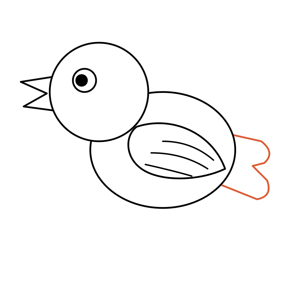 How to draw a bird, step 5: Draw the tail feathers at the back.