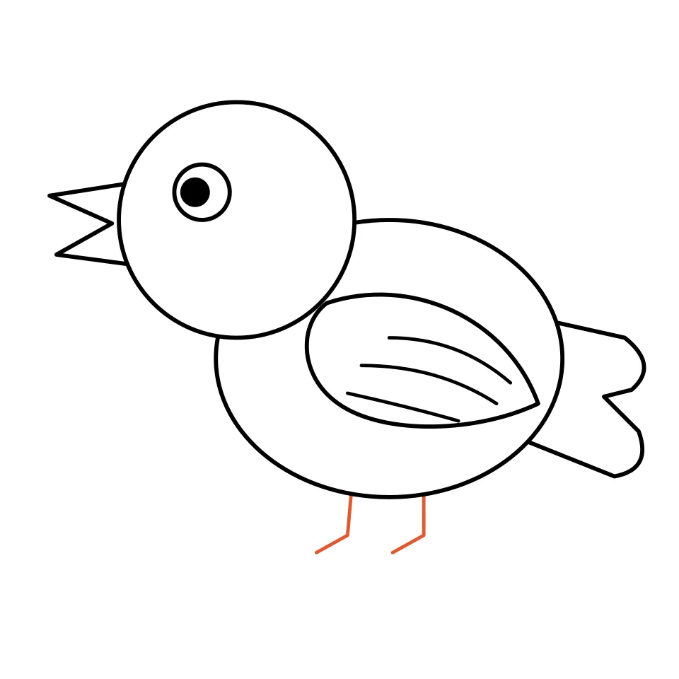 How to draw a bird, step 6: Add two thin legs with little toes.