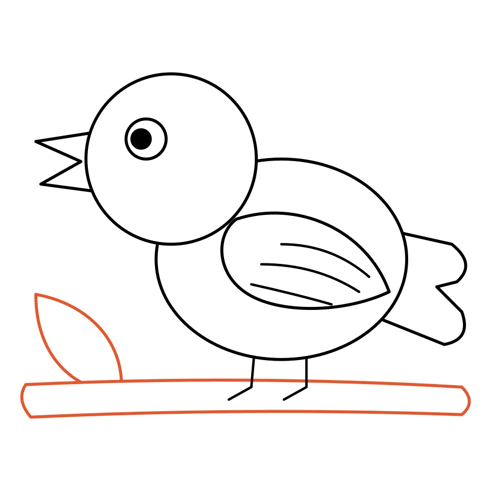 How to draw a bird, step 7: Finish with a twig and a leaf.