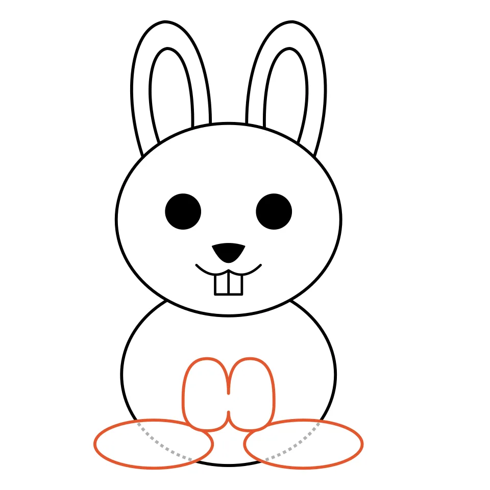 How to draw a bunny, step 6: Add big back feet and two front paws.