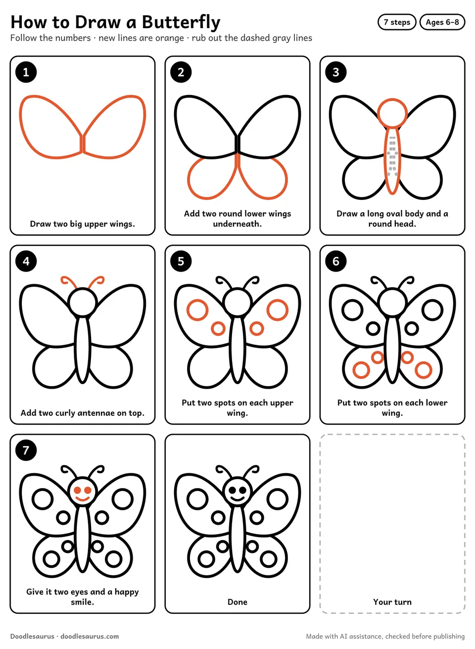 Step-by-step guide to drawing a butterfly in 7 easy steps. Step 1: Draw two big upper wings. Each later step adds new lines in orange.