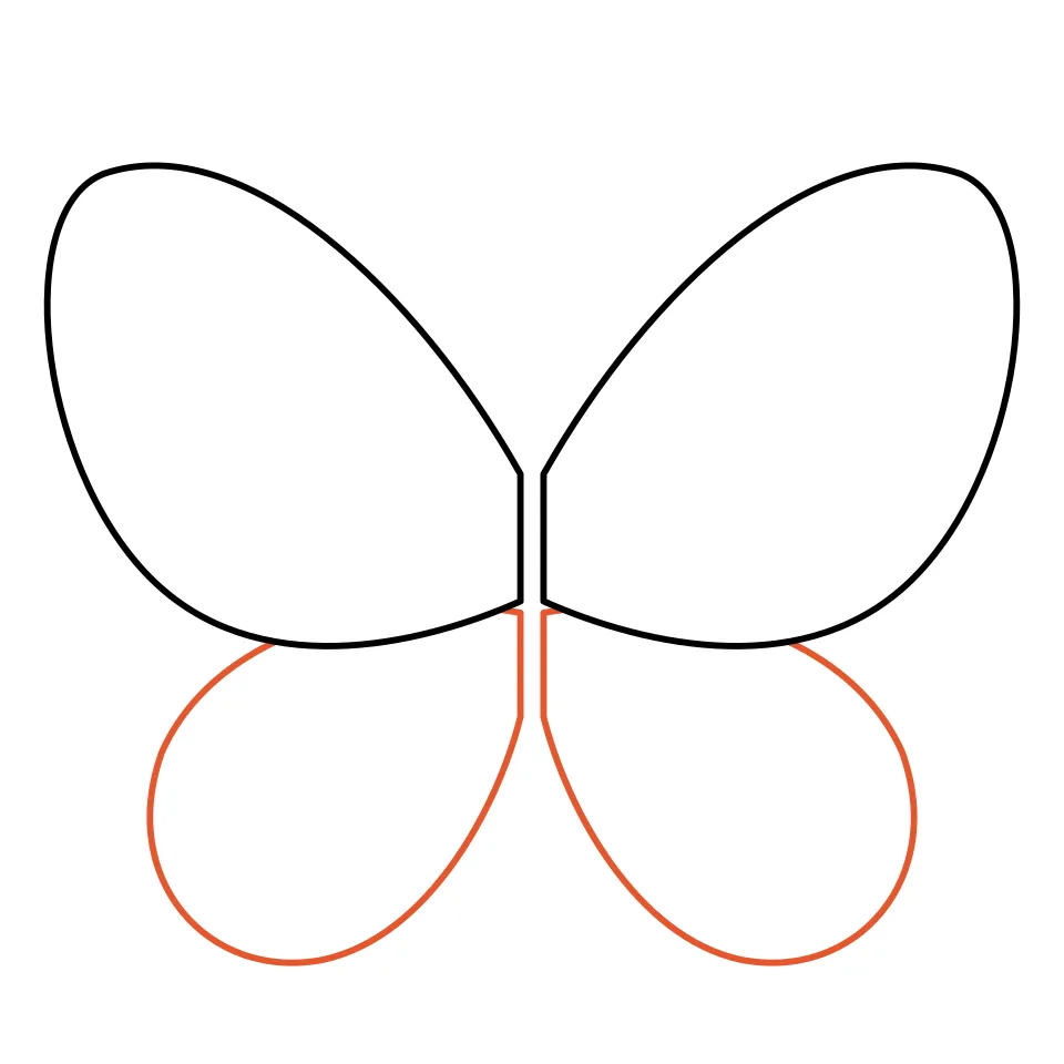 How to draw a butterfly, step 2: Add two round lower wings underneath.